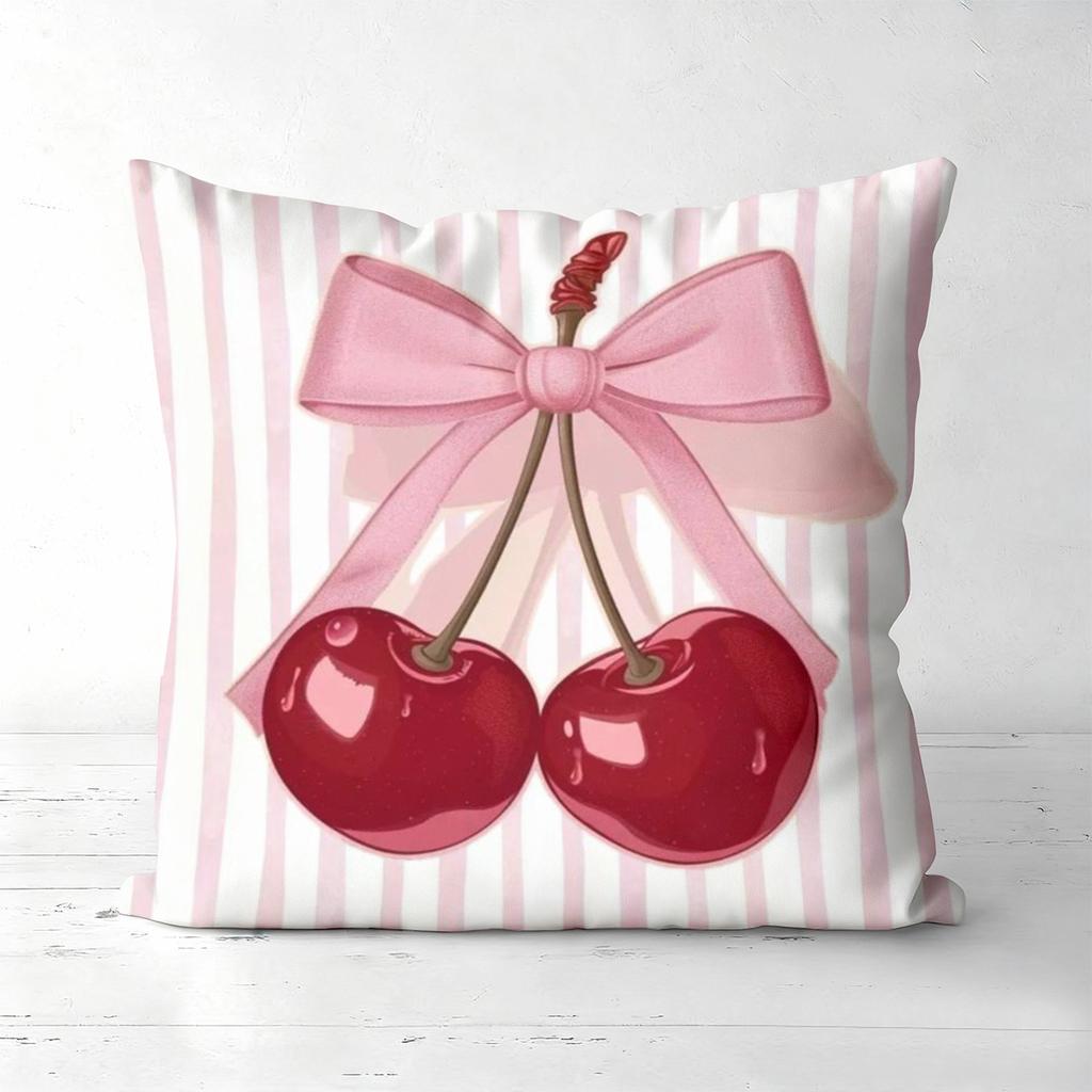 Pink Cherry Pillows With Bows Heart Pattern Polyester Pillowcase, Sofa Decorative Cushion Cov Headboard Pillow