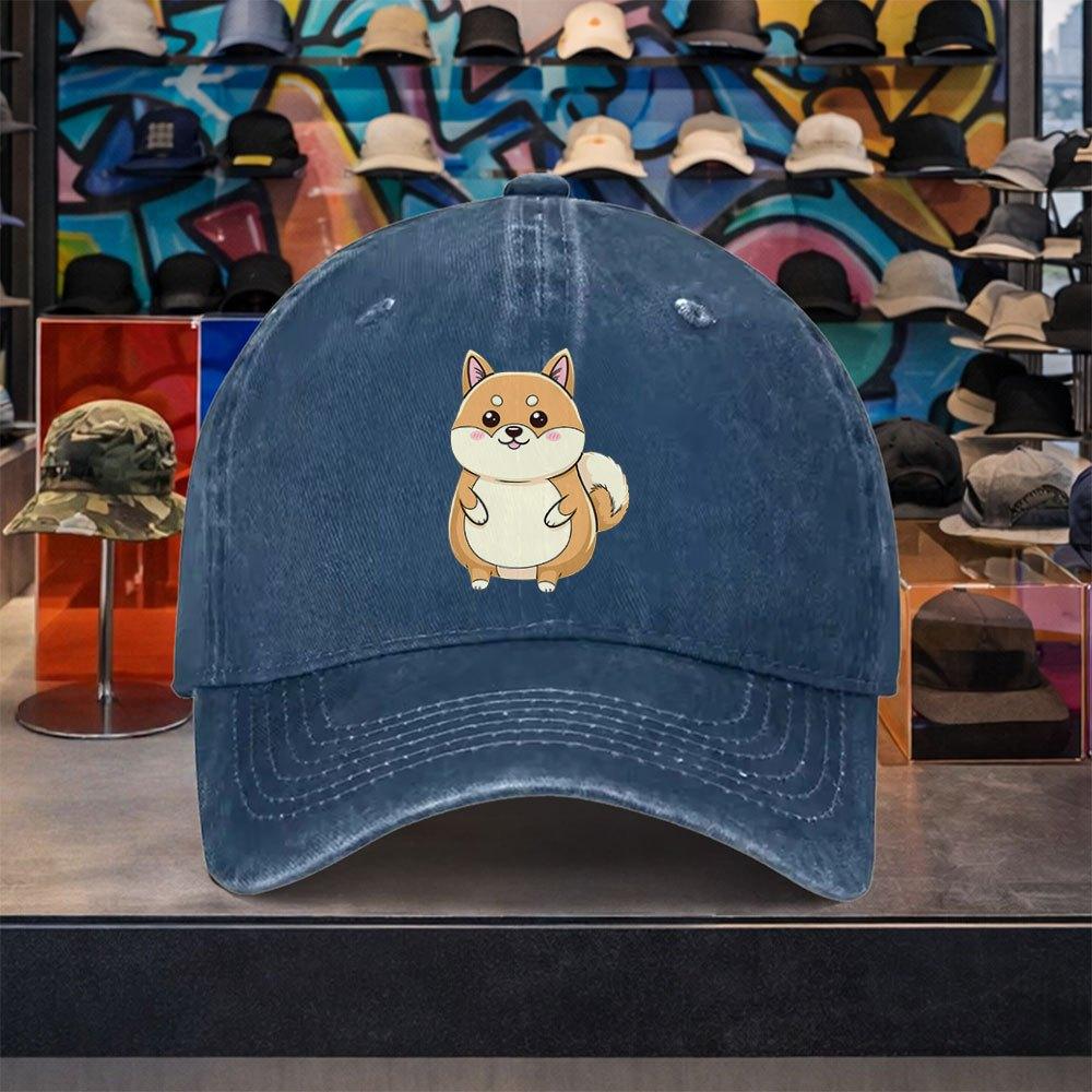 Cartoon Shiba Inu Baseball Cap Distressed Washed Cotton Casual Adjustable Cap for Unisex Travel