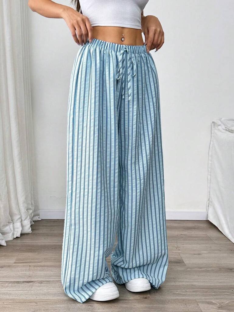 Women's Mid Rise Striped Wide Leg Pants Loose Fit Drawstring Elastic Waist Casual Trousers