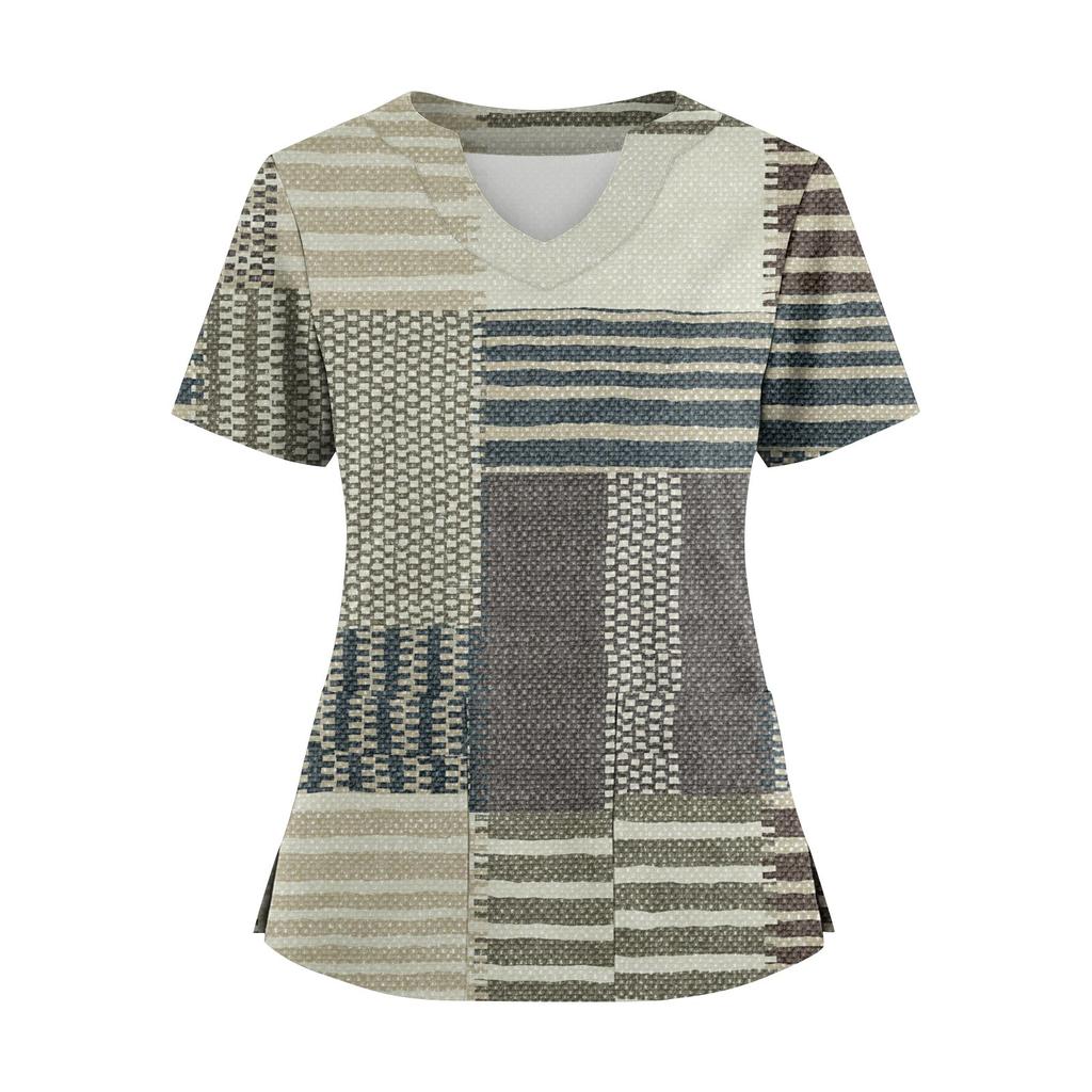 Women's Loose Short Sleeved Fashionable Square Printing V-neck Buttonable Side Slit Top T-shirt