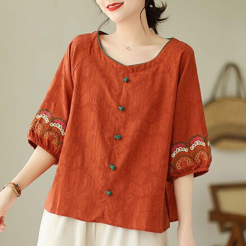 

Chinese Style Retro Cotton and Linen Shirt, Chinese Round Neck Contrast Color Plate Buckle, Mid-sleeved Blouse, Embroidered Tea Dress 3XL помаранчевий