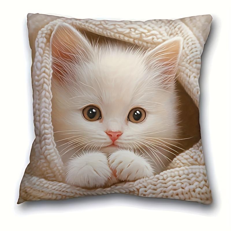 Cute White Kitten Pillow Case Cozy Knit Blanket Cat Cushion Cover Soft Animal Home Decor for Sofa Bedroom Living Room Gift