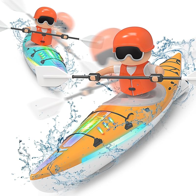 RC Kayak Boat W/Colorful LED Light for Kids, Innovative Realistic Paddling Design,2.4 Ghz Remote Control Boat Toy, Never Capsize for Lake,