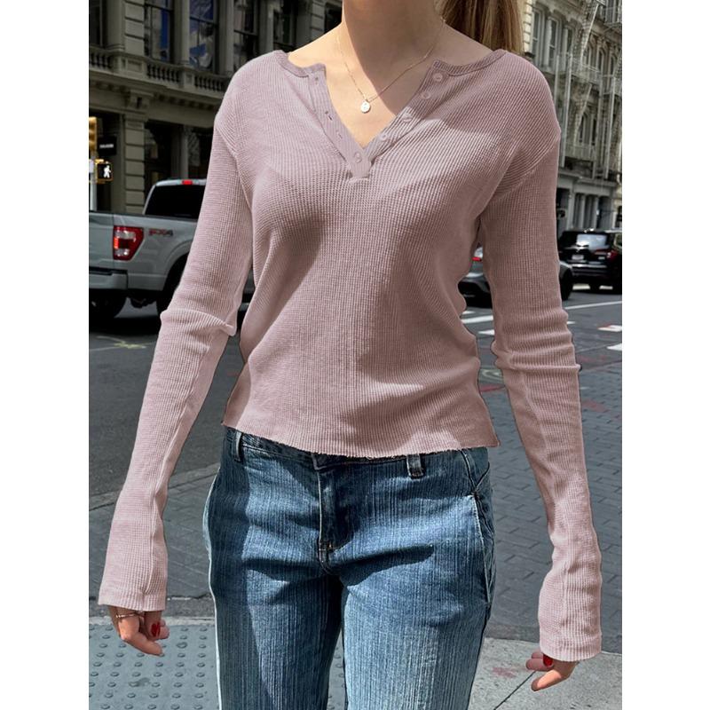 Spring Summer Women's Y2K Casual Solid Colour Button V-Neck Knit Long Sleeve Top