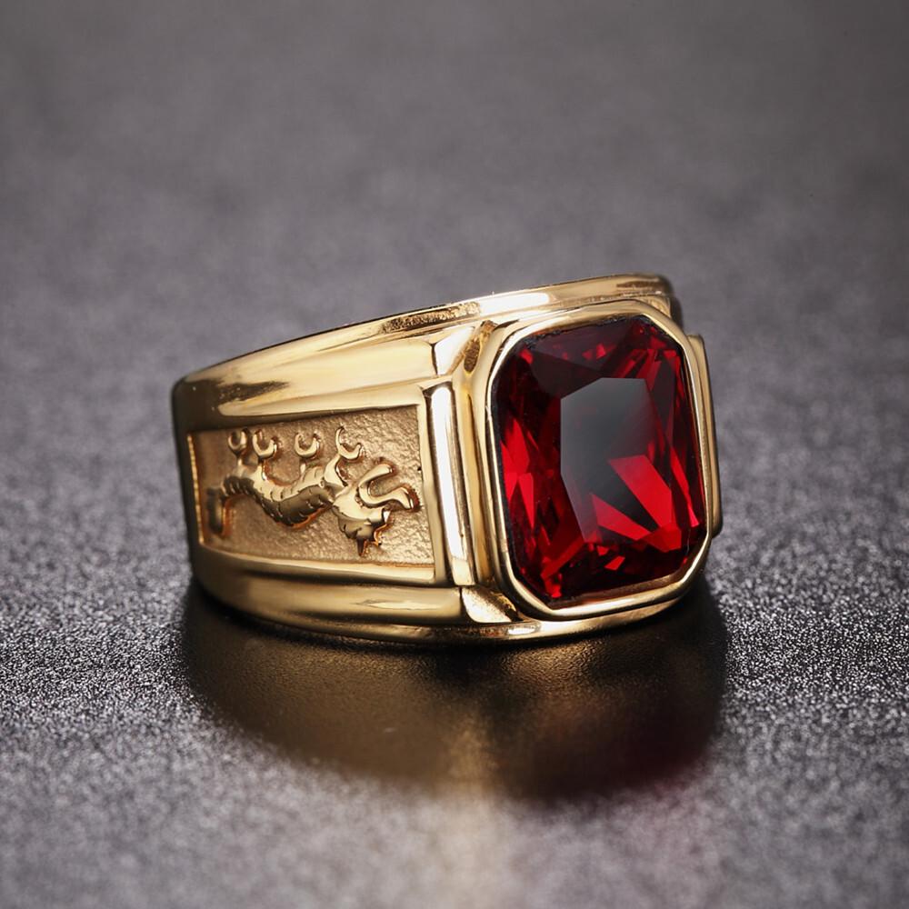 WOSIKATE 18K Gold Plated Domineering Dragon Pattern Ring For Men Vintage Square Zirconia Index Finger Ring Fashion Jewellery