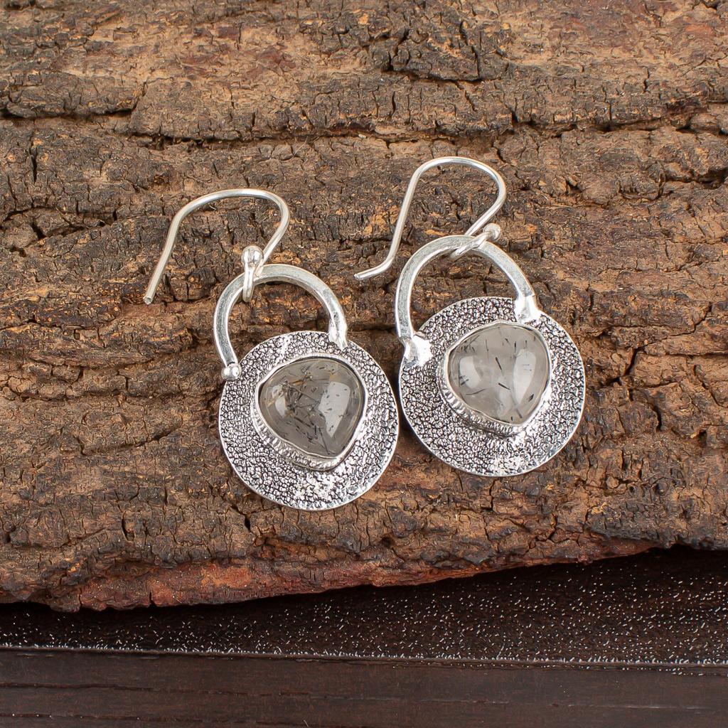 Natürlicher Schwarzer Rutil Edelstein 925 Sterlingsilber Handgefertigte Hängeohrringe 1,30" EE-63-25