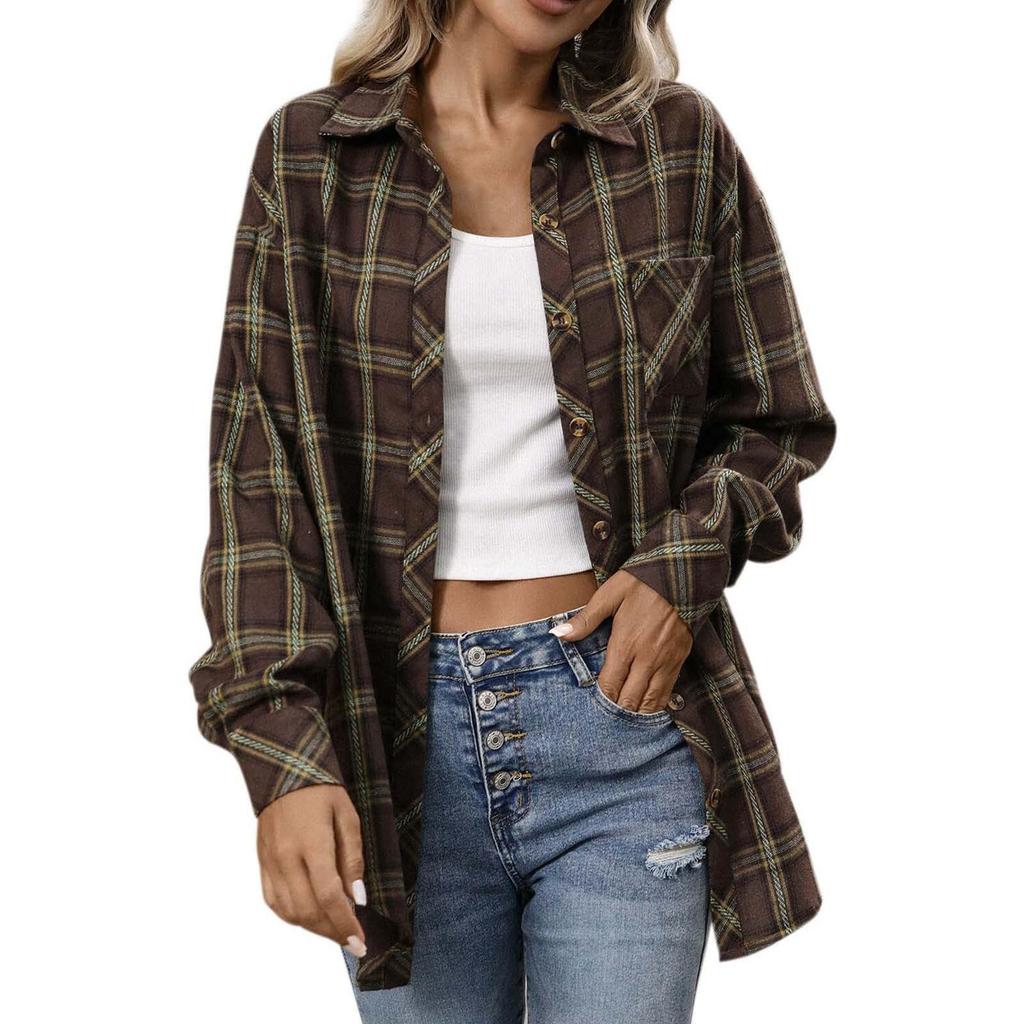 Women's 2025 Autumn Retro Plaid Long Sleeve Shirt – Versatile, Elegant Hong Kong Style Outerwear