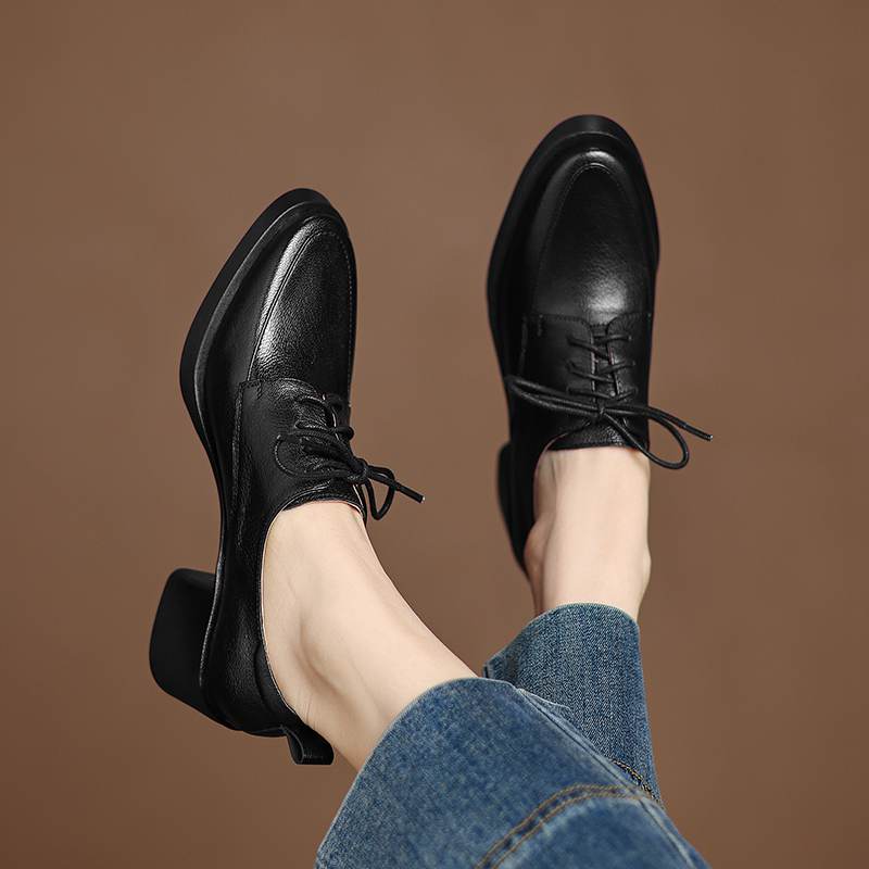 Krazing Pot Sheepskin Autumn Winter Shoes Chunky Heels Size 43 Size 42 Round Toe Lace Up Deep Mouth Retro Fashion Pumps