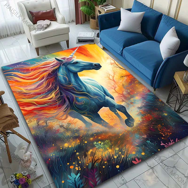 1PC Fantasy Unicorn with Rainbow Print Carpet Rug for Living Room Bedroom Sofa Doormat Home Decor Non-slip Floor Mat
