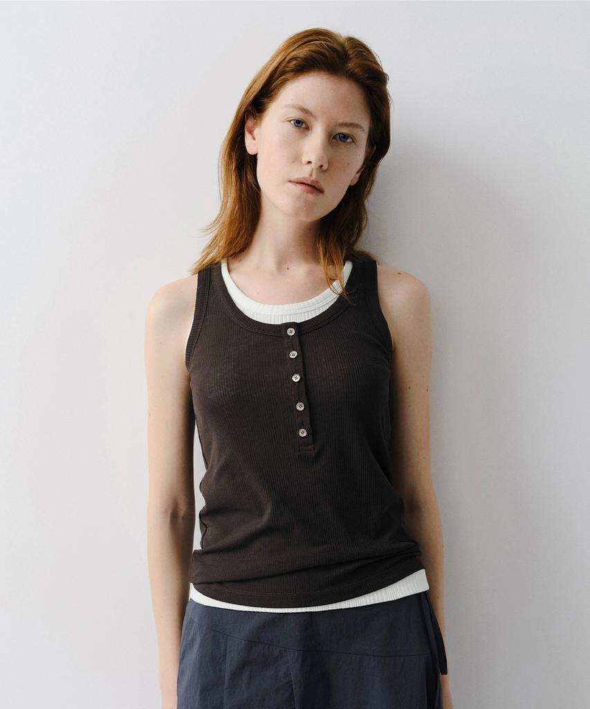 Ia Henley Neck Sleeveless Top (Dark Brown)