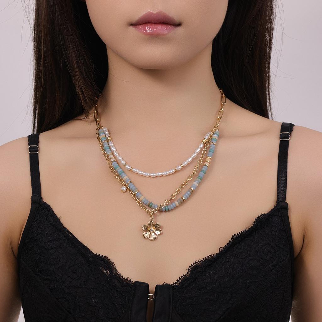 Holiday Ocean Necklace Beaded Color Light Luxury Original Stacked Small Flower Pendant Collarbone Chain Does Not Fade