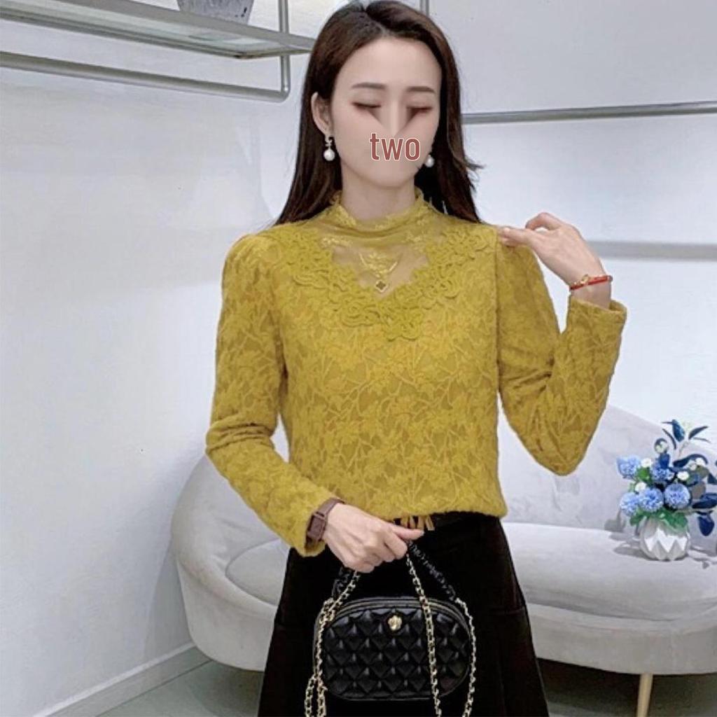 Elegant French-Style Velvet Lace Base Layer: Women's Winter Slimming Warm Top