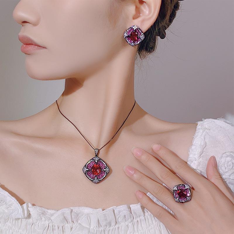 Jewelry Set Ornament Earrings Necklace Ring Vintage French Black Gold Plated Premium Women'S