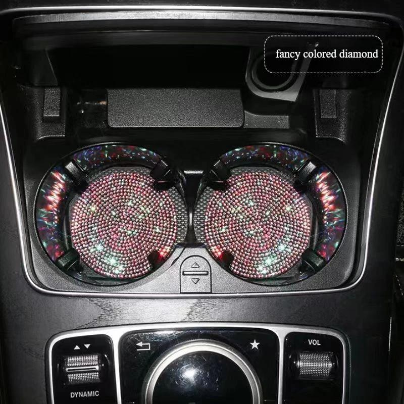 2Pcs Diamond Car Coaster Water Cup Slot Non-Slip Mat Bling Gadget Silica Pad Cup Holder Mat Auto Interior Decoration Accessories