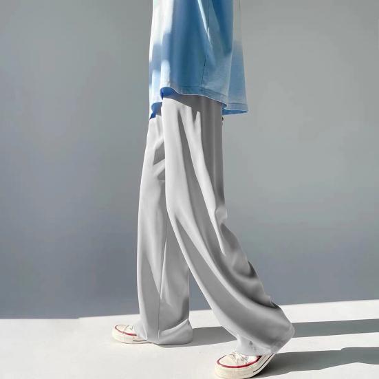 Summer Men Pants Solid Color Elastic Waist Anti-wrinkle Draping Wide Leg Trousers Streetwear