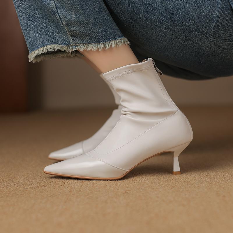 Fashion Women's new autumn and winter leather sheepskin pointed high-heeled oversized sexy runway calf zipper elastic short boots