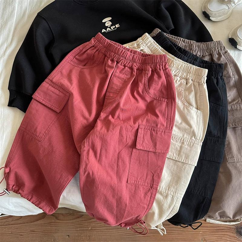 

Детские весенние однотонные рабочие брюки на завязках, широкие брюки для детей средней длины со средней талией и множеством карманов 90 вино красного