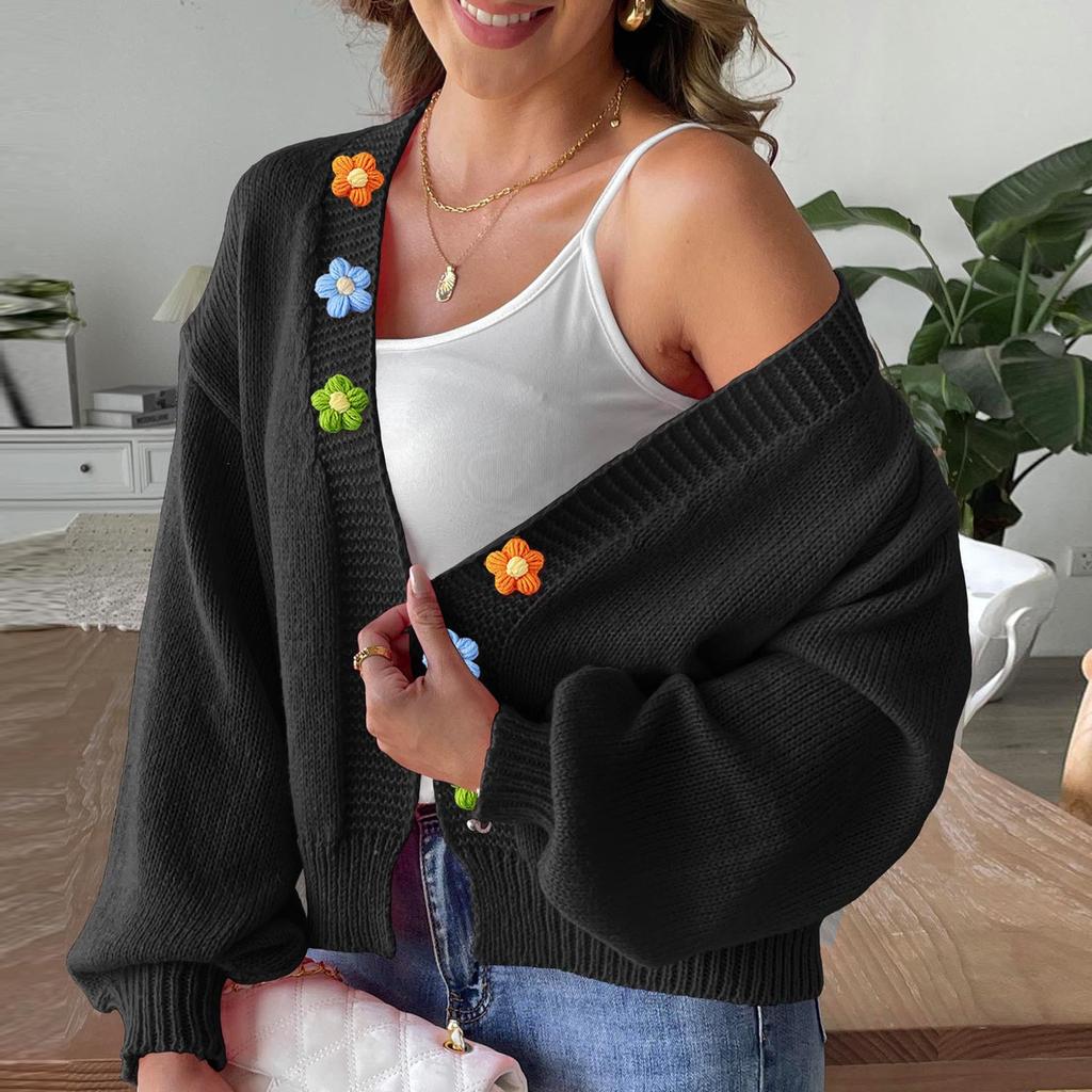 Women's Autumn And Winter Woven Sweater Jacket With Hand Hook Flower Splicing Short Buttonless Cardigan Sweater