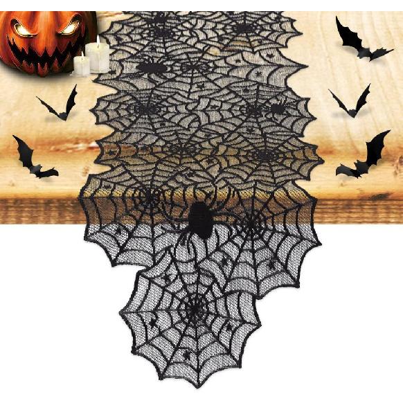 Nialnant Halloween Decoration Table Runner with 12 Pack 3D Bats, Spider Web Black Lace Table Runner for Kitchen Dinner Table, Halloween Party Spider Web Black