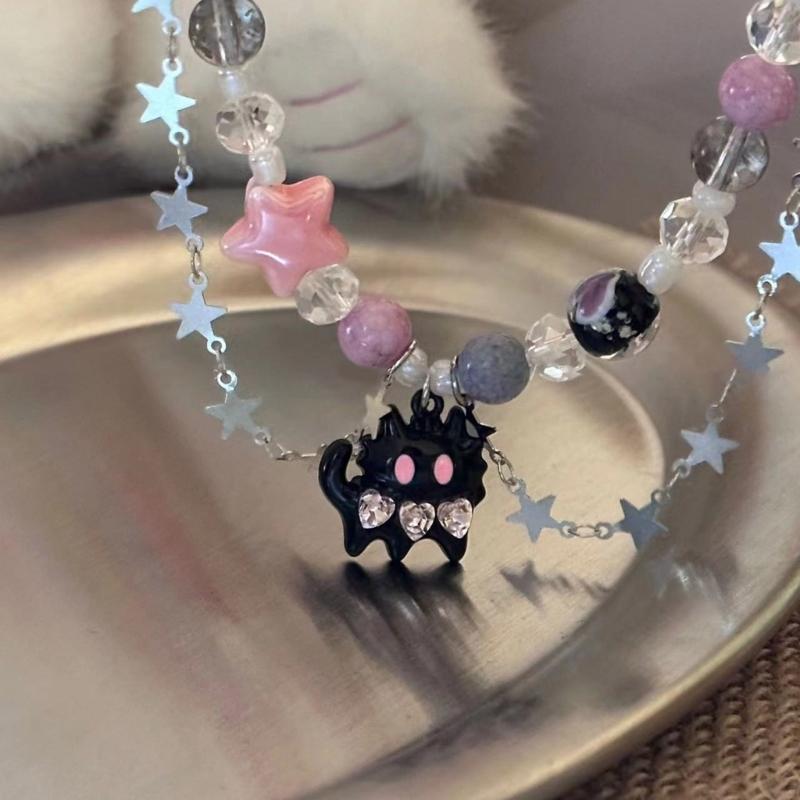 Y2K Star Pendant Necklace Cat Pendant Necklace Adjustable Chain Necklace Black Funny Necklace Perfect for Trendsetters