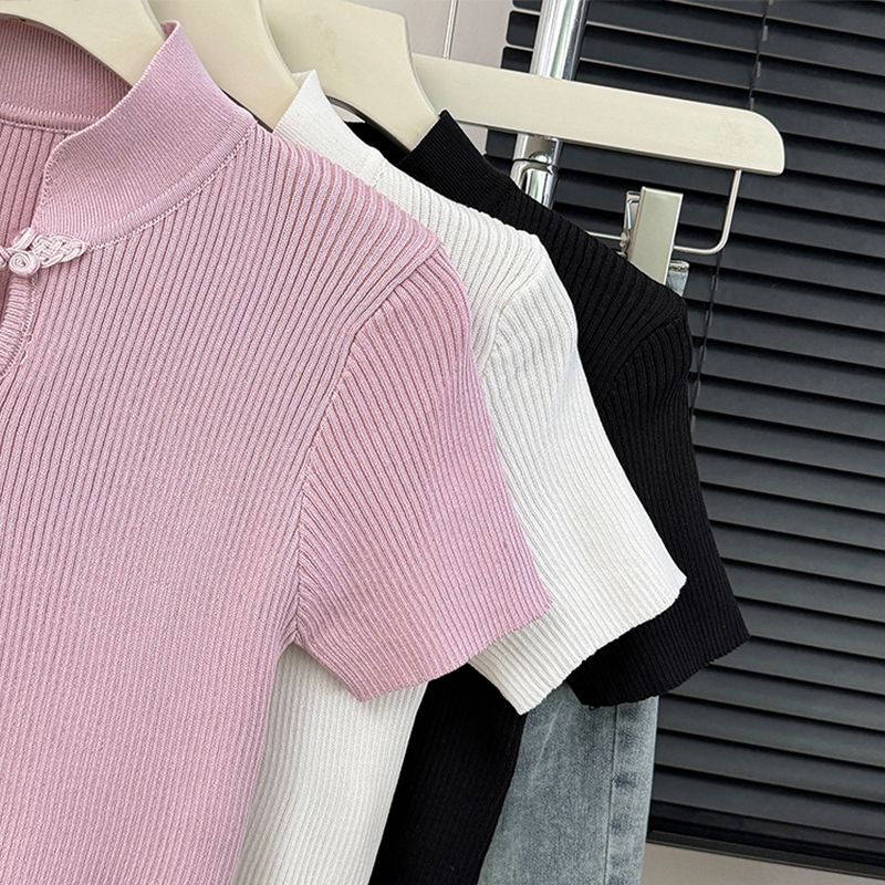 Chinese Style Button Up Stand Up Collar Knitted Sweater Women Spring Summer Tight Fitting Inner Layer Bottom Layer Temperament Short Sleeved Top