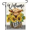 Welcome To The Summer Garden Flag Featuring a Sunflower And a Highland Cow, Measuring . This Double-Sided Buffalo Plaid Farmhouse Yard Flag Is Perfect
