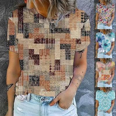 Summer Women's Casual Loose Fashion Digital Print Multi-color Round Neck Short Sleeved Shirt