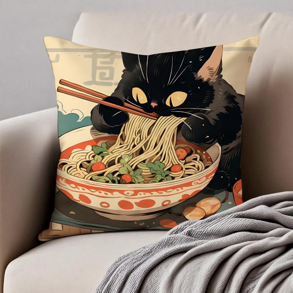 R-Ramen Animal Anime Painting Cushion Cover Pillowcase Anti-Dustmite Invisible Zipper Short Plush Sofa Cushion
