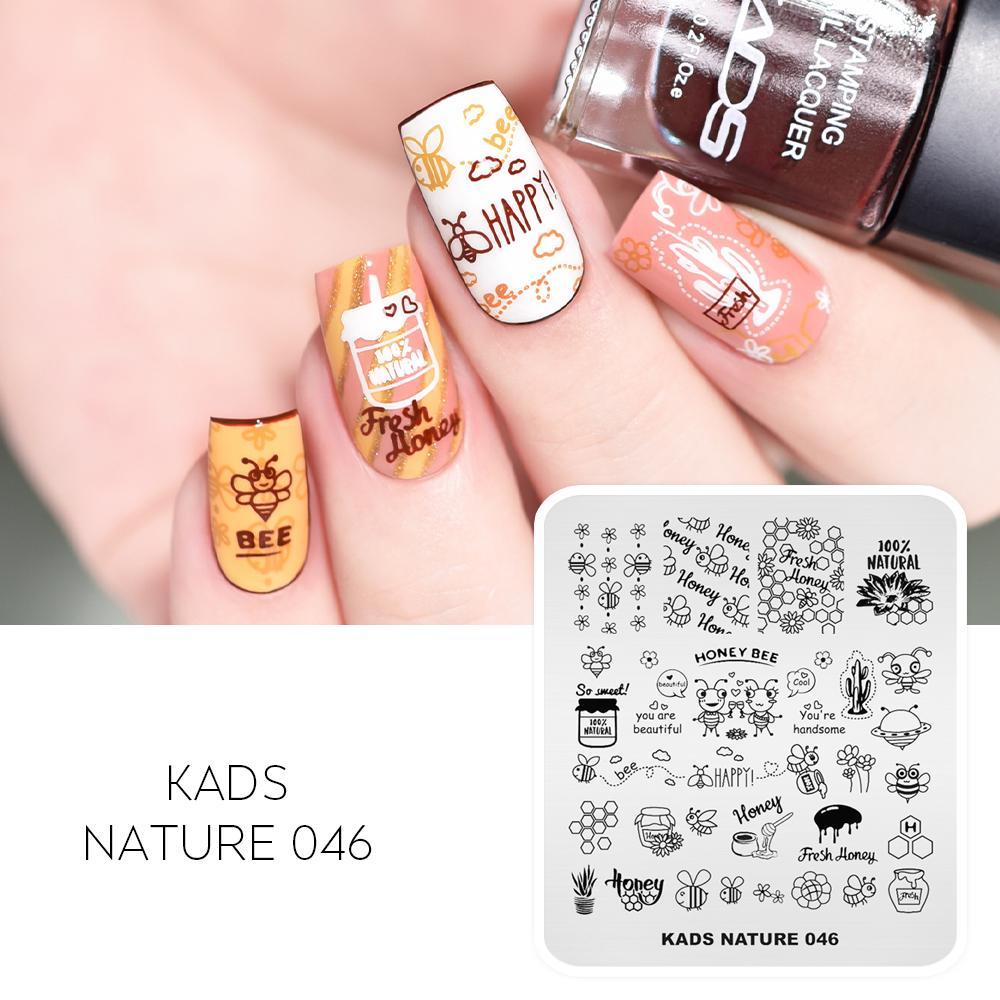 kads Nature 046 Nagelstempelplatten mit Schlangen-, Schmetterlings-, Rosen- und Bienen-Design, rechteckige Nageldruckschablone aus Edelstahl für Nagelstempellack