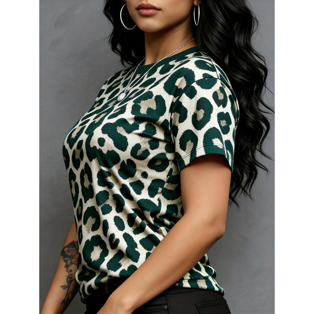Women's short-sleeved T-shirt - leopard print women's short-sleeved T-shirt, fashionable, casual and versatile