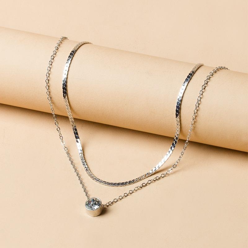 New silver-plated flat snake chain crystal pendant necklace women's fashion versatile style double-layer sweater chain collarbone chain
