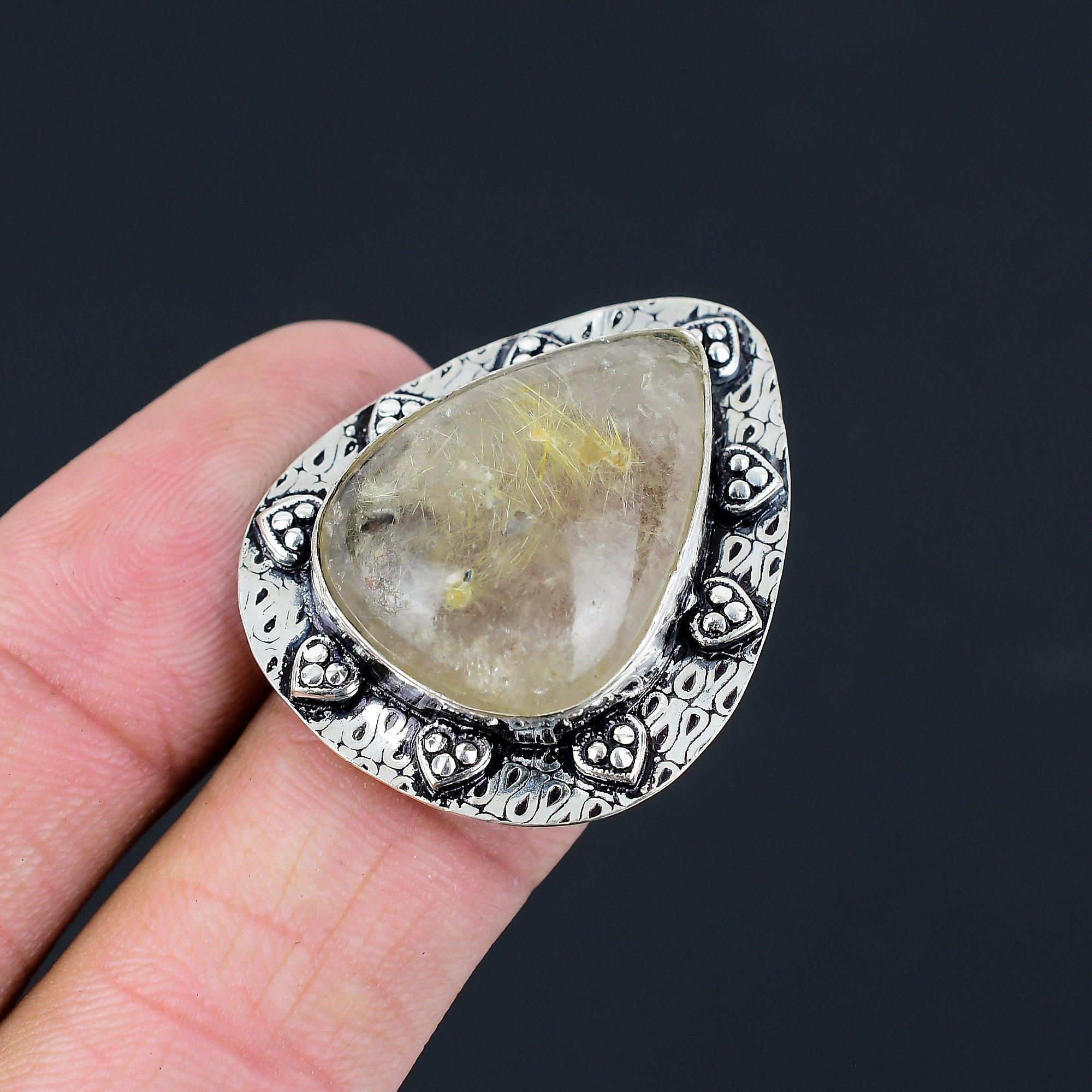 925 Sterling Silver Pear Golden Rutile Gemstone Daughter Stackable Ring US 7.5 7.5