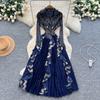 European and American high-end foreign style suit collar long-sleeved double-breasted waist splicing ruffle edge pleated long dress
