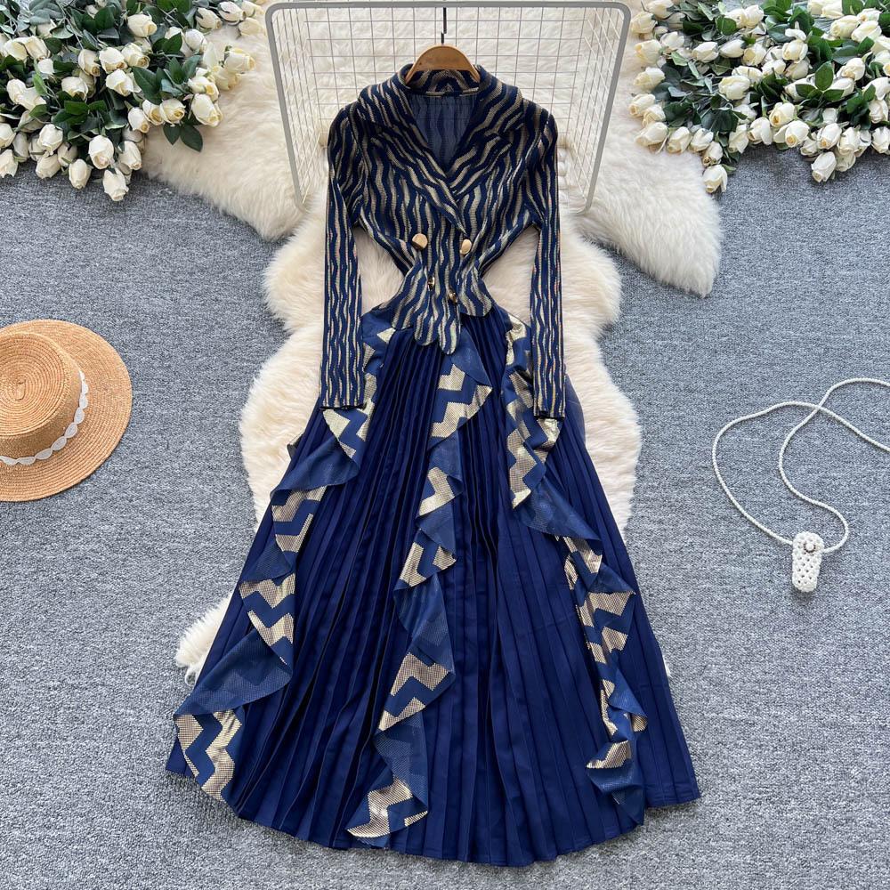 European and American high-end foreign style suit collar long-sleeved double-breasted waist splicing ruffle edge pleated long dress