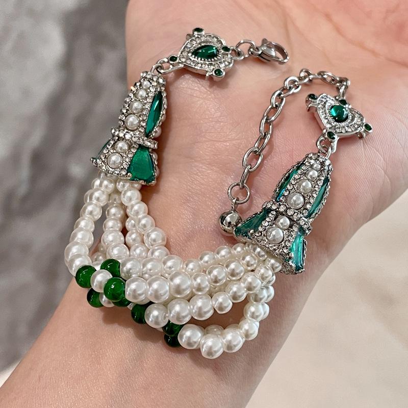 Smaragd Französisch Retro Diamant Perlen Ohrring Set mit Exquisite Perlenarmband
