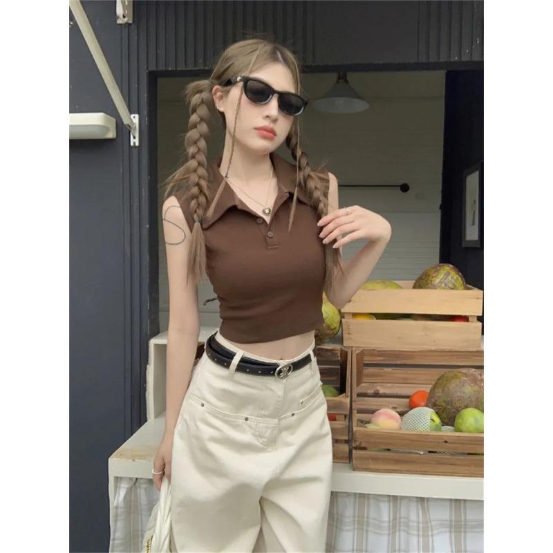 Haut Court Débardeur Col Polo Côtes Coupe Ajustée Uni Couleur Été pour Femme