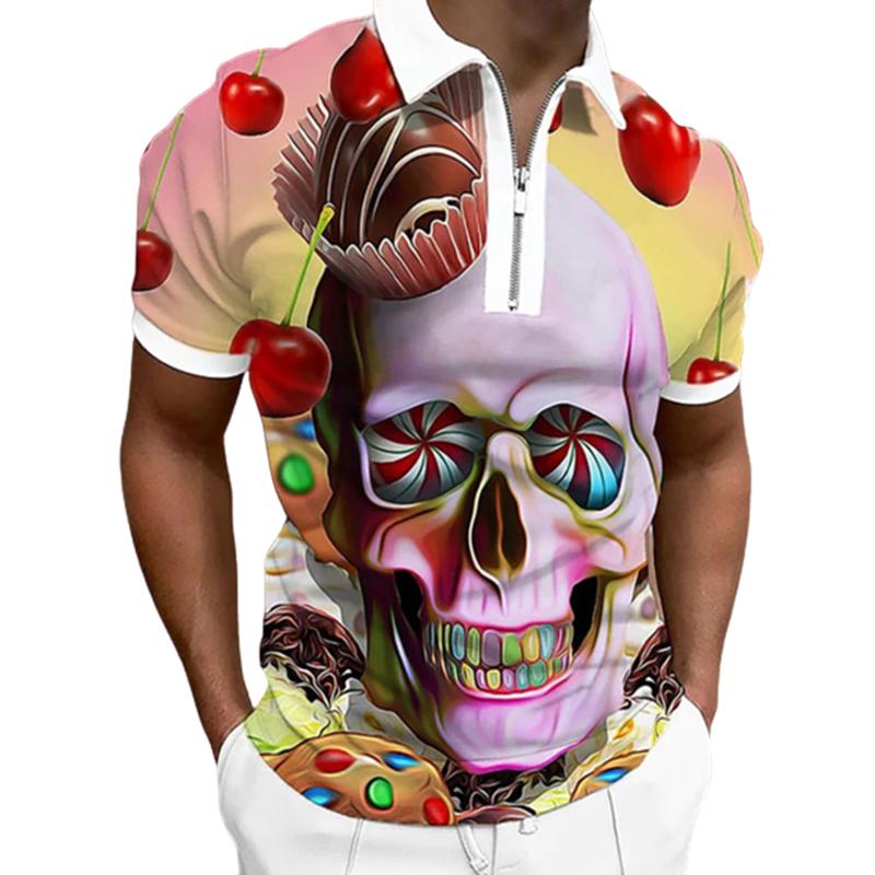 Neformální tričko s klopou Móda pro mladé muže Tričko na zip Tričko s krátkým rukávem Pánské tričko s 3D vícebarevným potiskem