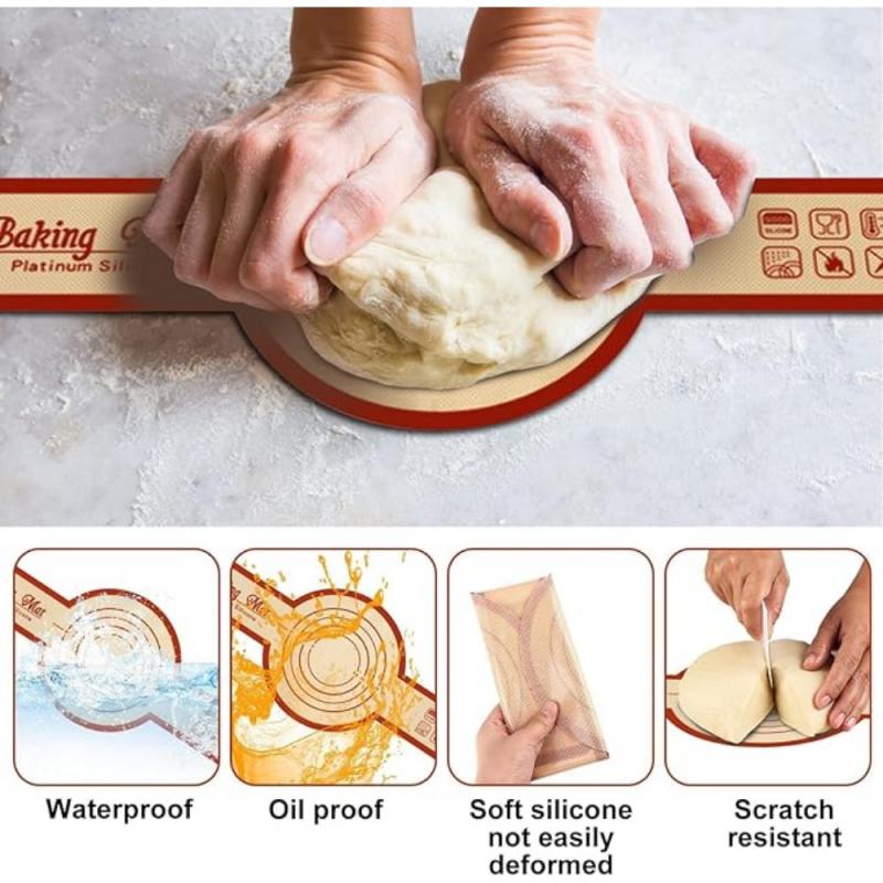 Tappetino da Forno in Silicone, Tappetino per Impastare, Telo per Pane con Manici Lunghi, Tappetino Antiaderente per Impasto, Impastatrice per Pizza e Torta, Utensili da Cucina, Teglie