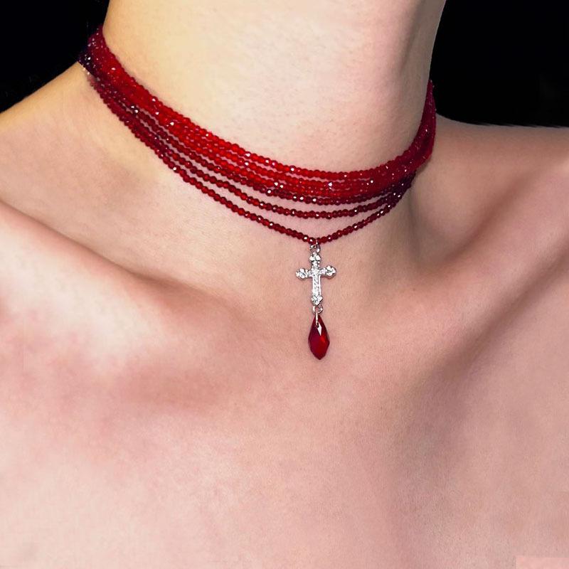 

Punk Gothic Cross Red Rhinestone Pendant Necklaces for Women Hiphop Red Beaded Multi Layer Choker Neckalces Party Jewelry Gifts