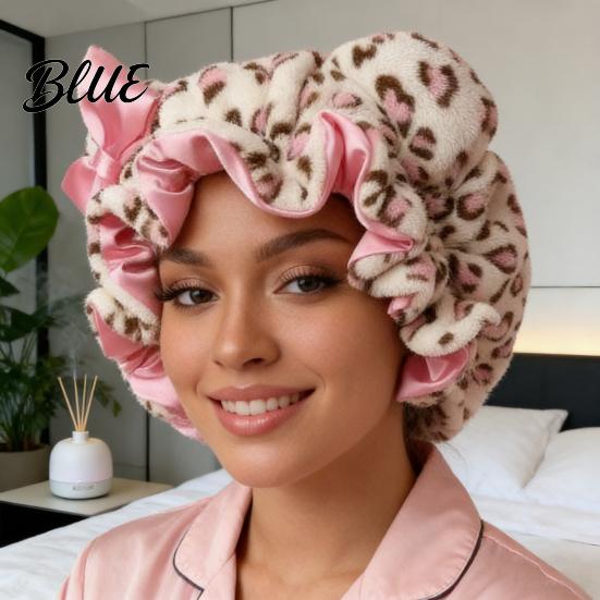 Soft Plush Sleep Hat Leopard Print Sleeping Bowknot 3D Cat Ear Decor Adjustable No Satin Cap Frizz Fit Double Layer Lined Hair Protection Bonnet