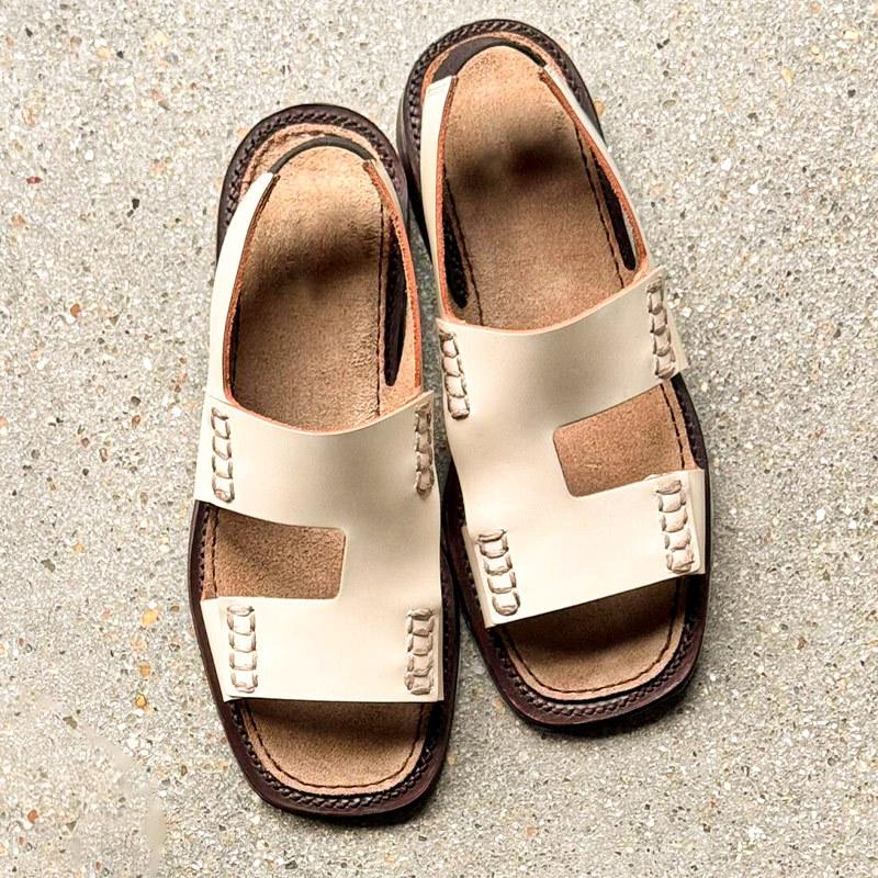 

Cowhide~ Retro square head Roman sandals women s summer wear niche casual beach shoes open-toed flat-bottomed cool slippers 40