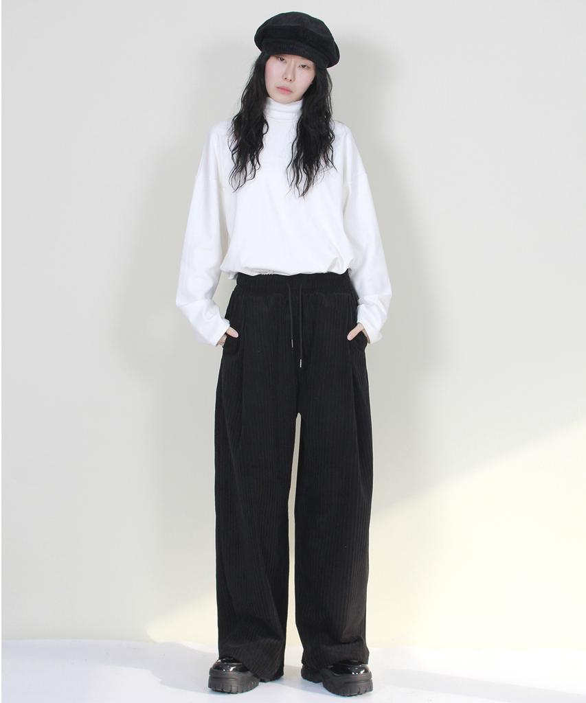 Deumakeu Wide-Fit Corduroy One-Pleat Elastic Pants Black
