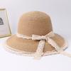 Solid Color Straw Hat for Women Fashion Lace Bow Wide Brim Travel Beach Sunshade Fisherman Cap Girls Outdoor Dome Basin Hat