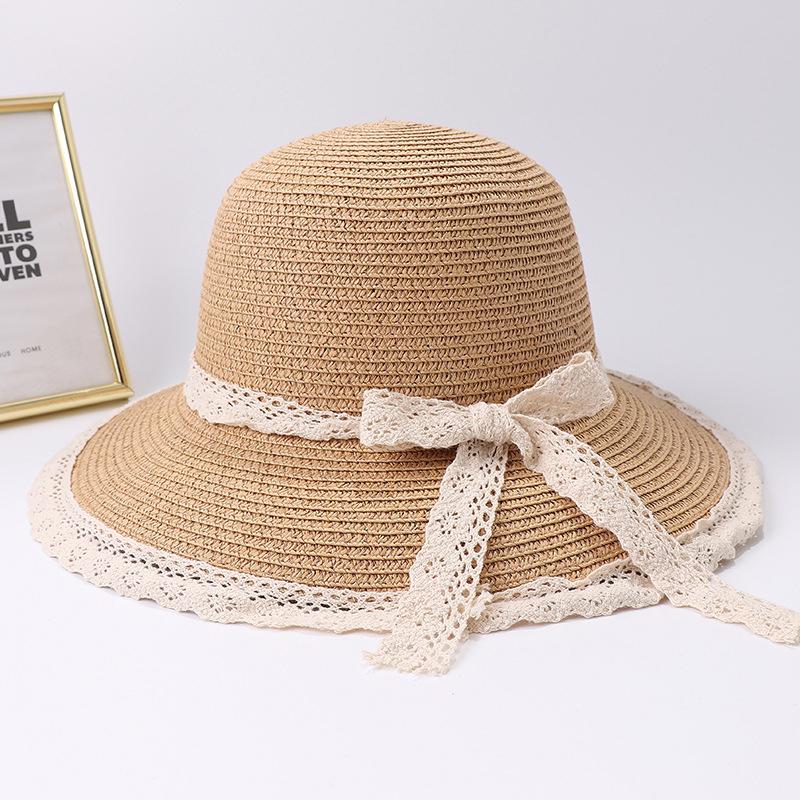 Solid Color Straw Hat for Women Fashion Lace Bow Wide Brim Travel Beach Sunshade Fisherman Cap Girls Outdoor Dome Basin Hat