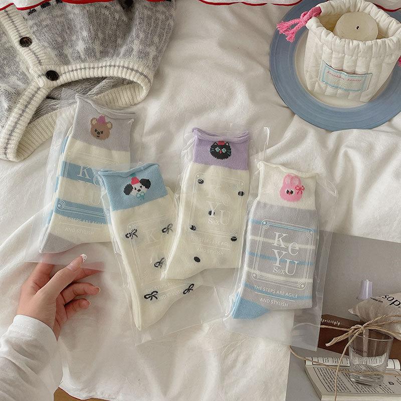 Female Spring and Autumn Assorted Striped Dot Bowknot Cartoon Cute Animal Curled Edge In The Tube Pile Socks