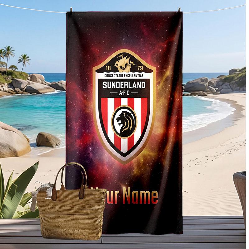 Asciugamano da Spiaggia Personalizzato Stampato Sunderland FC Logo Calcio Supporto Nome Personalizzato Testo Asciugamano Assorbente Per Sport Viaggio Regalo Speciale