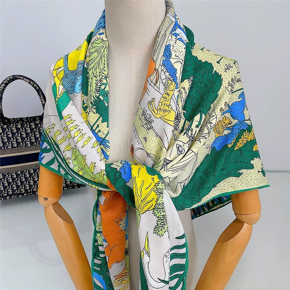 130CM Warm Silk Cashmere Scarf Women Hand Rolled Shawl Forest & Animal Printed Square Scarves Wraps Ladies Bandana Hijab Foulard