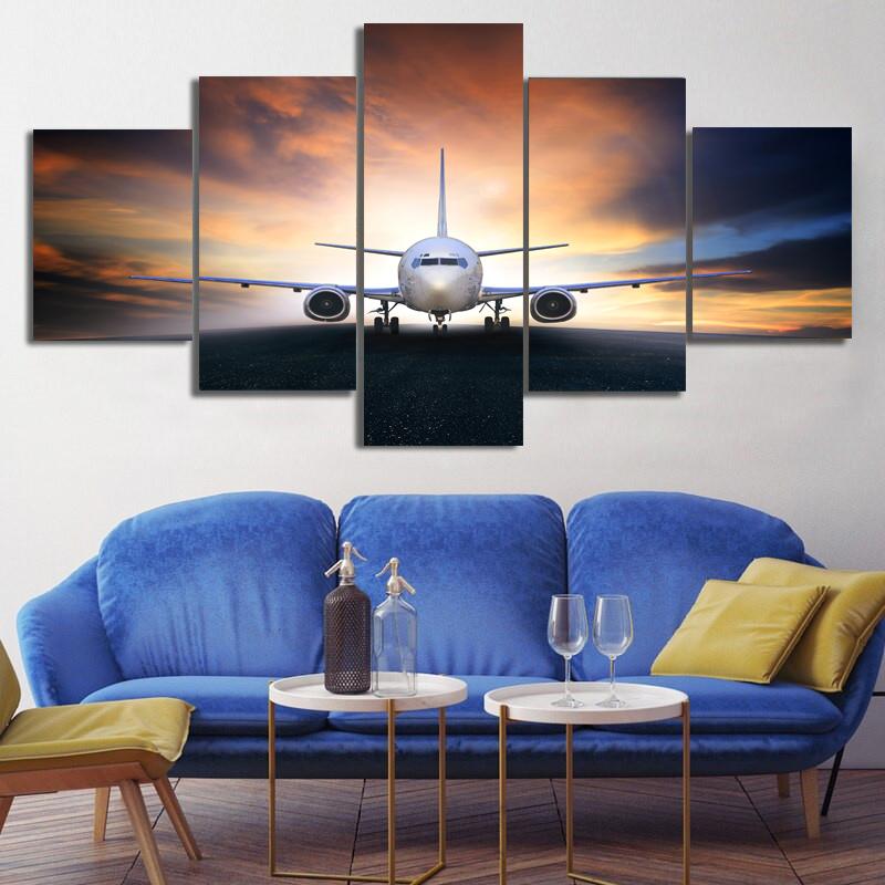 Modern 5 Pieces Airplane Poster Canvas Painting Landscape Sunset Backlight Lawn Wall Art Pictures for Living Room Decor No Frame