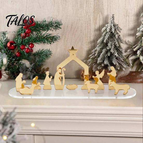Reusable Holiday Display Christmas Acrylic Ornament, Mirrored Golden Silhouette Scene, Decorative Festive Desktop for Living Room Fireplace