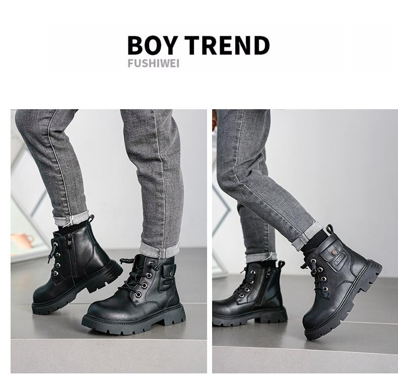 Boys' Black British-Style Leather Boots - Short, Dr. Martens-Inspired, Soft Sole, for Autumn/Winter